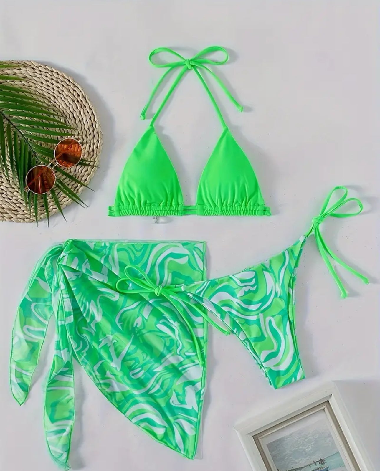3 Piece Neon Green Bikini Set